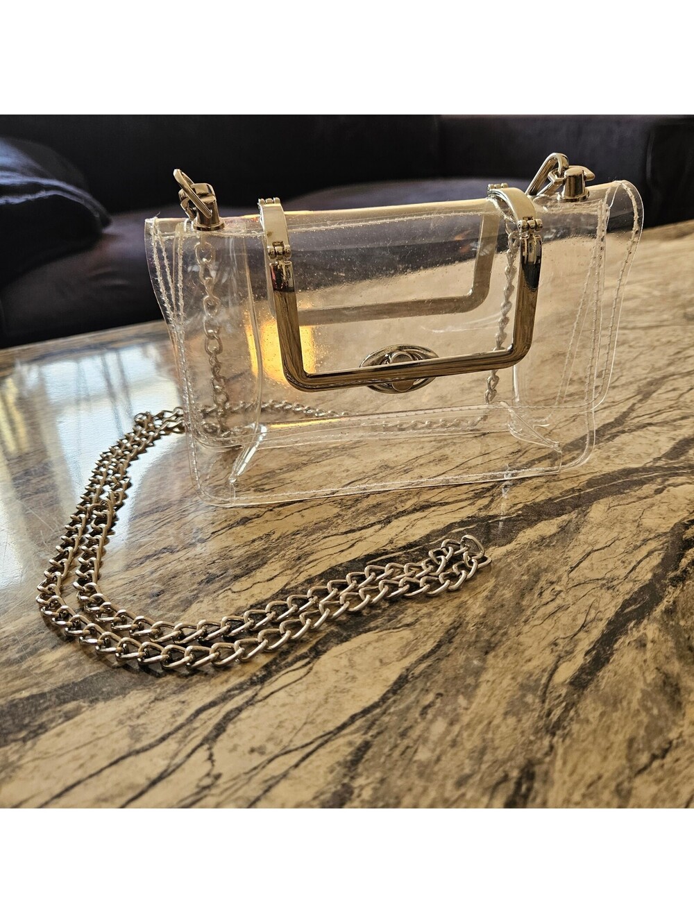 Clear Stadium Purse - Transparent Crossbody Bag with Silver Top Handles